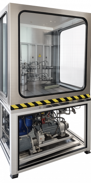 Impulsdruck‑Prüfstand für Hochdruck‑Hydraulikkomponenten mit Schutzkabine